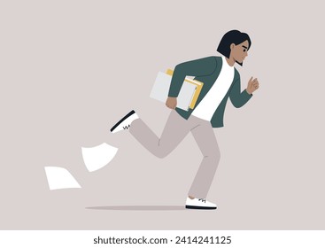 A young individual rushes down the corridor, hurrying to an important meeting, papers slipping from their grasp as they navigate the brisk pace