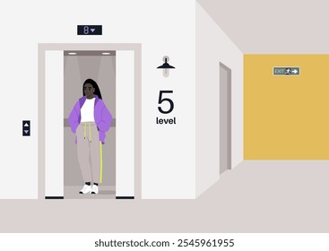 A young individual stands confidently in a stylish outfit, poised in an elevator, as the doors are open to level five, surrounded by clean lines and modern architecture in a busy building