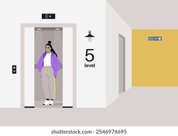 A young individual stands confidently in a stylish outfit, poised in an elevator, as the doors are open to level five, surrounded by clean lines and modern architecture in a busy building