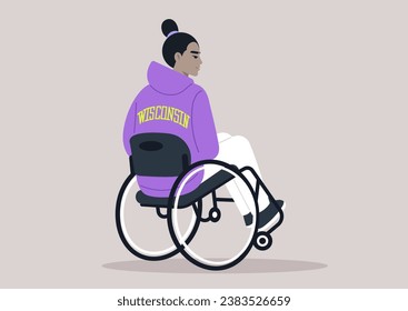 A young individual using a wheelchair, seen from behind, wearing a purple Wisconsin hoodie