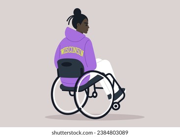 A young individual using a wheelchair, seen from behind, wearing a purple Wisconsin hoodie