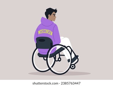 A young individual using a wheelchair, seen from behind, wearing a purple Wisconsin hoodie