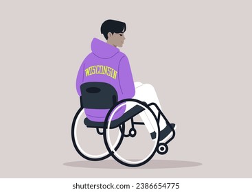 A young individual using a wheelchair, seen from behind, wearing a purple Wisconsin hoodie