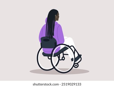 A young individual in a vibrant purple hoodie sits comfortably in a wheelchair, embodying resilience and style, lost in thought against a simple, calming background