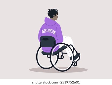 A young individual in a vibrant purple hoodie sits comfortably in a wheelchair, embodying resilience and style, lost in thought against a simple, calming background