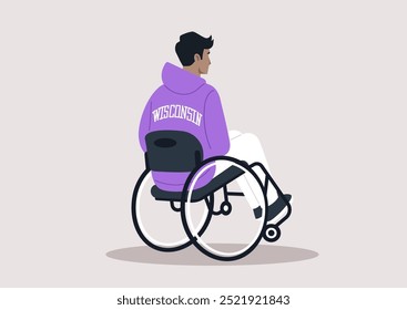 A young individual in a vibrant purple hoodie sits comfortably in a wheelchair, embodying resilience and style, lost in thought against a simple, calming background
