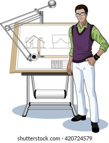 Young Indonesian architect student presenting his blueprint
