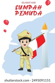 "Young indonesian civil servant celebrating youth pledge day holding indonesian flag",
"ilustration of a young indonesian civil servant celebrating youth pledge day holding indonesian flag"