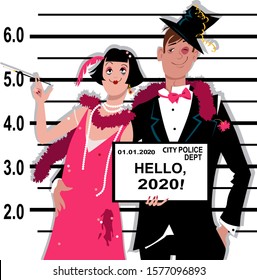 Young inebriated couple dressed in 1920s fashion stands for a mug shot at the police station, holding Hello 2020 tablet, EPS 8 vector illustration