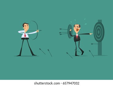 Young inexperienced businessman trainee.Archery on the target.
Vector illustration