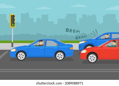Young inexperienced driver causes traffic jam at a green traffic light. Impatient angry drivers honking and yelling to beginner. Flat vector illustration template.