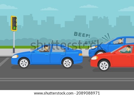 Young inexperienced driver causes traffic jam at a green traffic light. Impatient angry drivers honking and yelling to beginner. Flat vector illustration template. [[stock_photo]] © 
