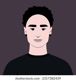 Young informal man with hairstyle and piercing. Full face abstract male avatar in flat style