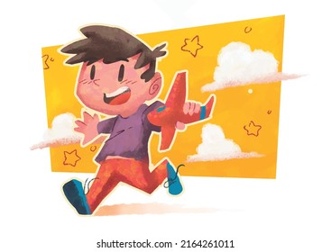 Young innocent kid playing with a plane toy in a colorful cloudy background