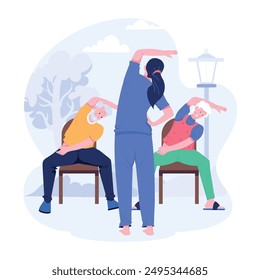 Young instructor taking elderly yoga session, flat illustration 