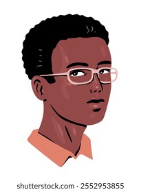 Jovem inteligente com óculos. Retrato de um estudante. Cara de homem. Ilustração isolada de vetor sobre fundo branco