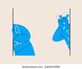 Young interested woman  standing looking. Prying and curiosity interest concept. Colorful vector illustration
