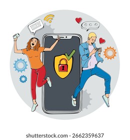 Jovens internautas saltando felizes e seguros