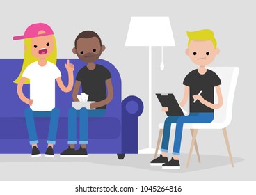 Young interracial arguing couple visiting a psychotherapist. Mental health care. Relationships. Doctor listening and making notes. Psychotherapy. Flat vector illustration, clip art