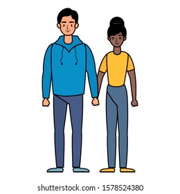 young interracial couple avatars characters vector illustration design