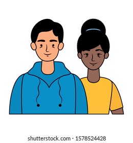 young interracial couple avatars characters vector illustration design