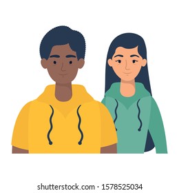young interracial couple avatars characters vector illustration design