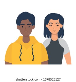 young interracial couple avatars characters vector illustration design