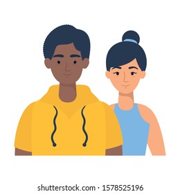 young interracial couple avatars characters vector illustration design