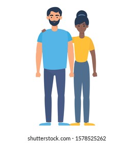 young interracial couple avatars characters vector illustration design