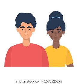 young interracial couple avatars characters vector illustration design