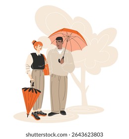 Young Interracial Couple in Casual Business Outfits Holding Umbrellas in Nature Flat Style Autumn Illustration