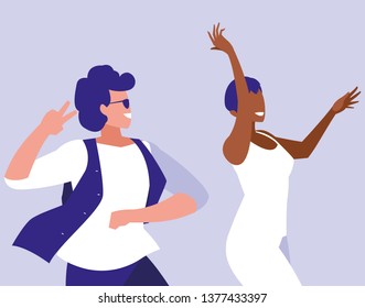 young interracial couple dancing characters