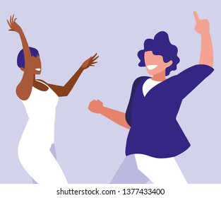 young interracial couple dancing characters