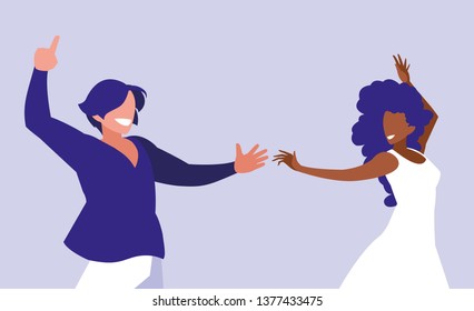 young interracial couple dancing characters