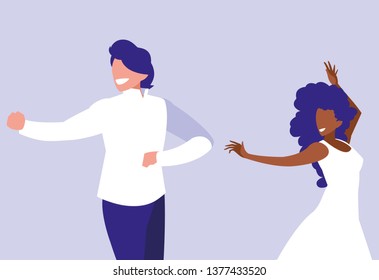 young interracial couple dancing characters
