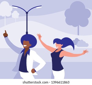 young interracial couple dancing in the park vector illustration design
