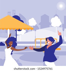young interracial couple dancing in the park vector illustration design