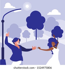 young interracial couple dancing in the park vector illustration design