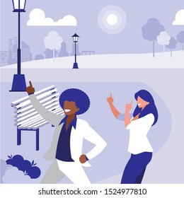 young interracial couple dancing in the park vector illustration design