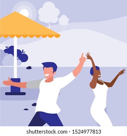 young interracial couple dancing in the park vector illustration design