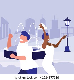 young interracial couple dancing in the park vector illustration design