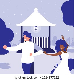 young interracial couple dancing in the park vector illustration design
