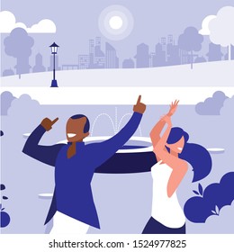 young interracial couple dancing in the park vector illustration design