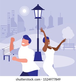 young interracial couple dancing in the park vector illustration design