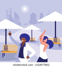 young interracial couple dancing in the park vector illustration design
