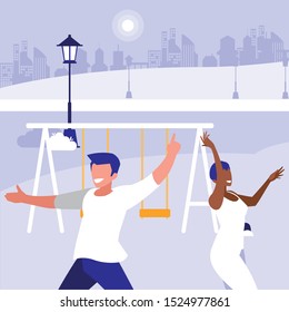 young interracial couple dancing in the park vector illustration design