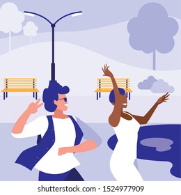 young interracial couple dancing in the park vector illustration design