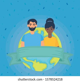 young interracial couple with earth planet vector illustration design