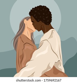 Young interracial couple holding each other and kissing. Concept for healthy 
 romantic relationship, dating, love, passion and family. Black male and white female. Flat trendy illustration.
