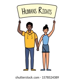 young interracial couple with human rights label vector illustration design